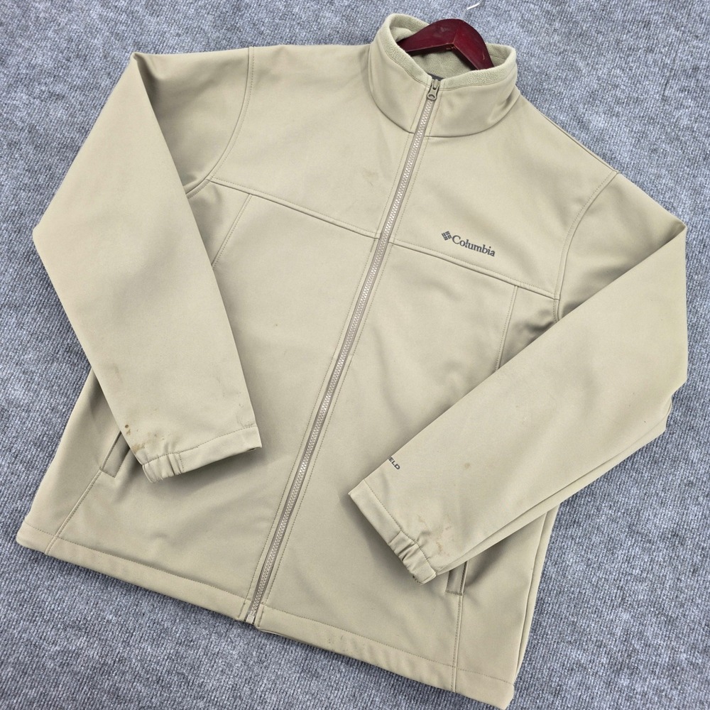 Columbia Mens Softshell Jacket Tan Khaki Full Zip Mock Neck Outdoor Large